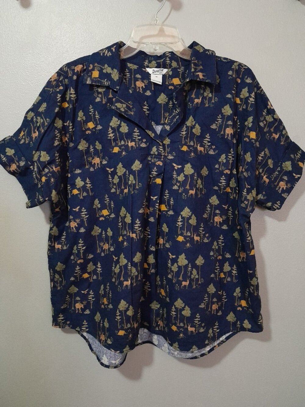 Duluth Trading Company Free Swinging Popover Flannel Camp Moose Forest Shirt M